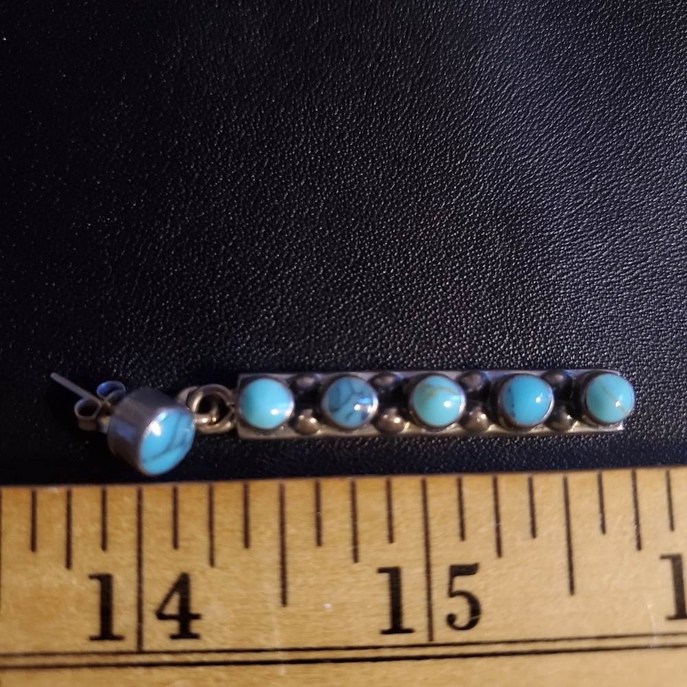 Turquoise Sterling Earrings Vintage Natural Stone 2"L - Picture 3 of 4